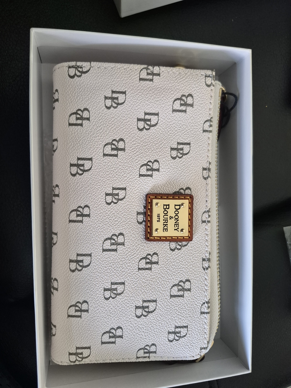 Dooney & Bourke White/Black DB Logo Zip Wallet with Gold Accent
